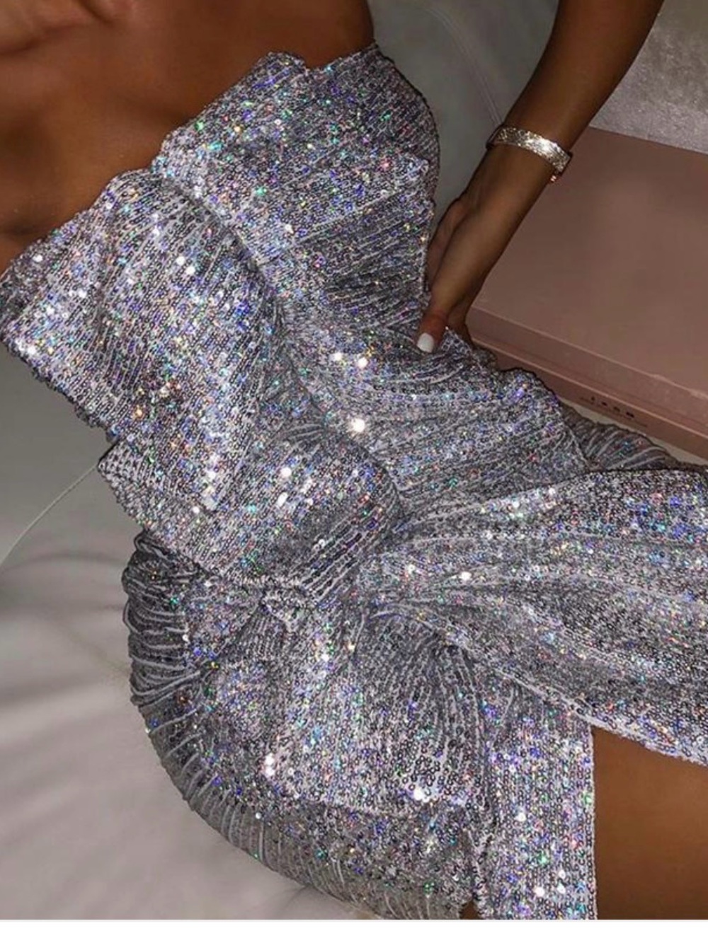 House of CB, Brand New Strapless Silver Ruffle Sequin Mini Dress - Picture 2 of 6